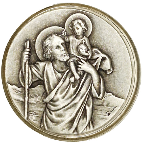 Christophorus Auto Plakette Ø 3,6 cm – gesegnete Medaille mit Magnet & Samtsäckchen