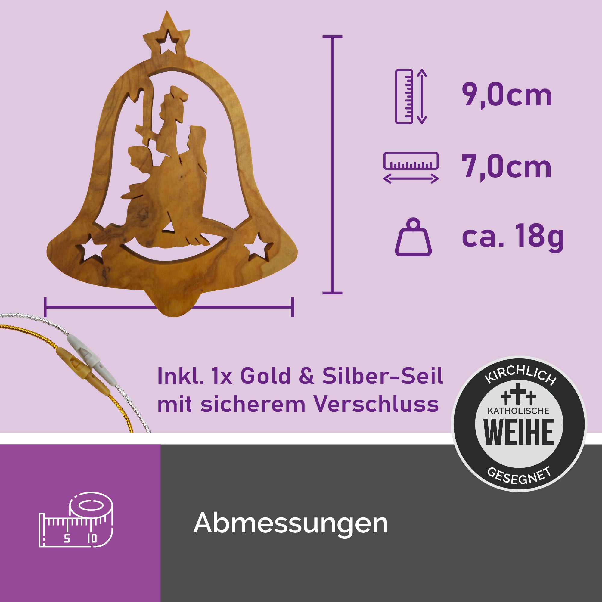 Olivenholzanhänger Glocke Heilige Familie – Handarbeit & Segnung aus Bethlehem