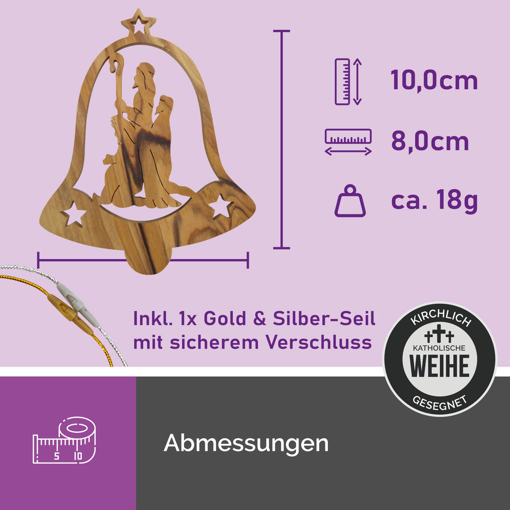 Olivenholzanhänger Glocke mit Heiliger Familie – Handarbeit aus Bethlehem