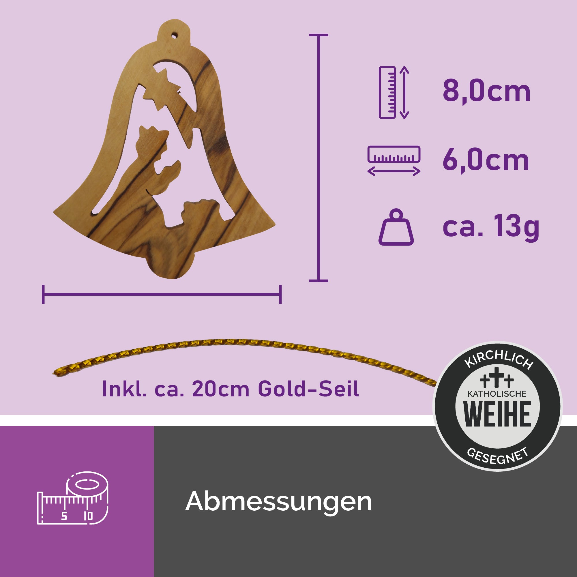 Olivenholzanhänger Glocke mit Krippenszene – Handarbeit & Segnung aus Bethlehem