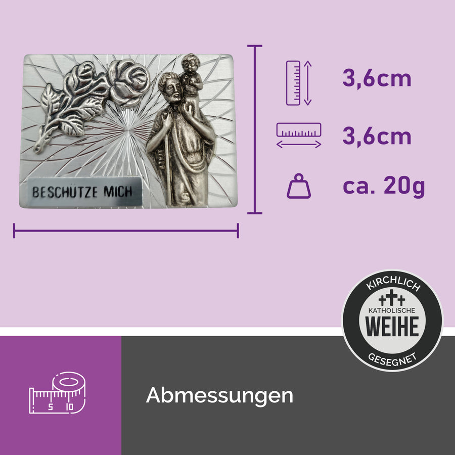 Médaille saint Christophe avec l'Enfant Jésus et une rose, rectangulaire, bénite, avec aimant et pastille adhésive pour la voiture