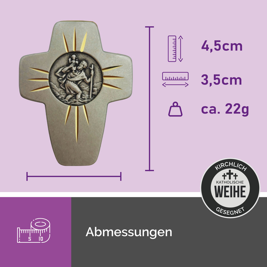 Croix chrétienne avec saint Christophe en relief et rayons de soleil, cadeau pour automobilistes