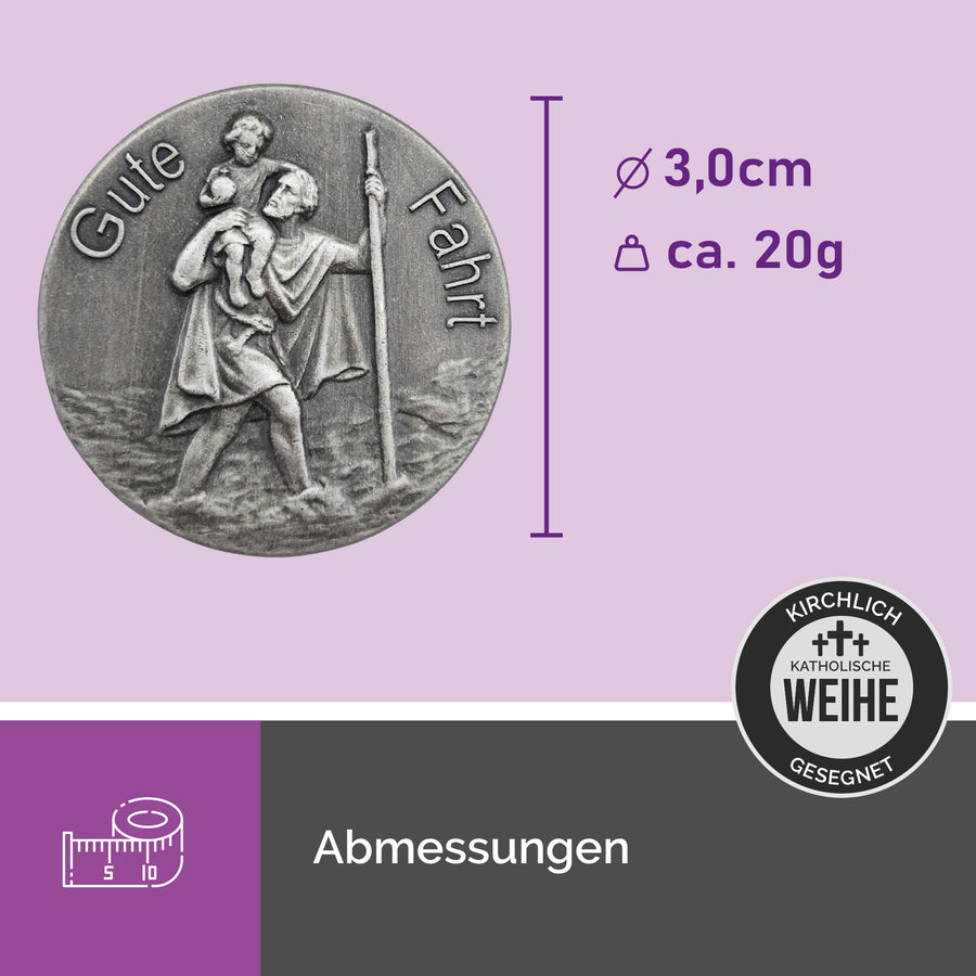 Médaille saint Christophe ronde Ø 3 cm avec l'inscription « Gute Fahrt », aimantée, cadeau religieux