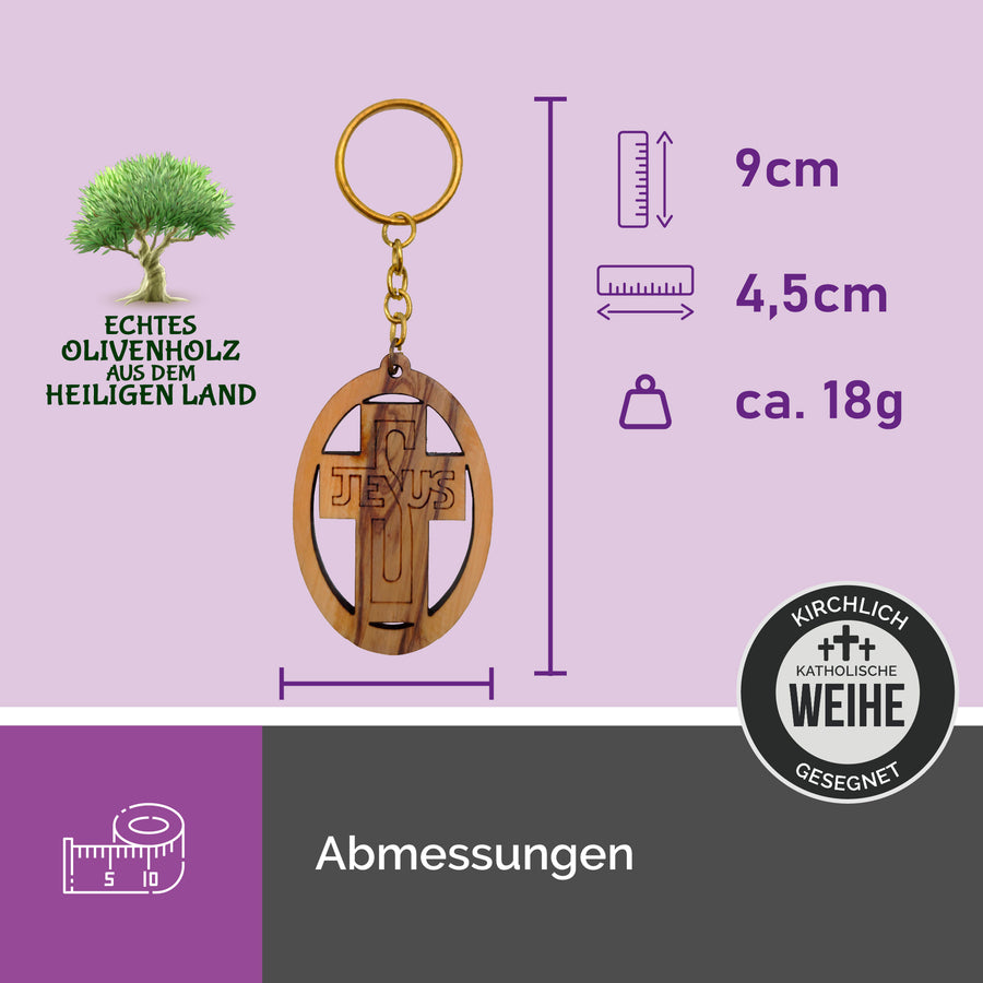 Porte-clés chrétien en bois d'olivier avec croix et inscription « Jésus »