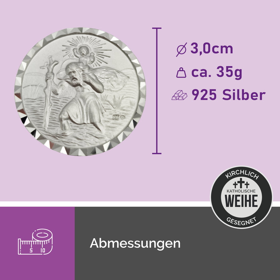 Médaille saint Christophe Ø 3 cm en argent 925, vue détaillée de l'Enfant Jésus avec un soleil, bénite, pour la voiture
