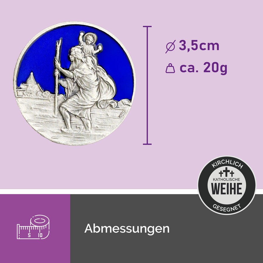 Médaille saint Christophe avec l'Enfant Jésus sur fond bleu, pour voiture, Ø 3,5 cm, bénite