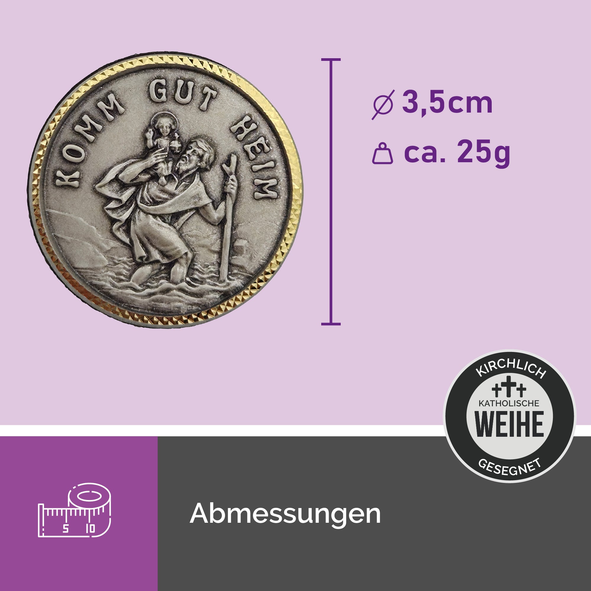 christophorus auto plakette Ø 3,5 cm metalloptik goldrand komm gut heim mit klebestreifen