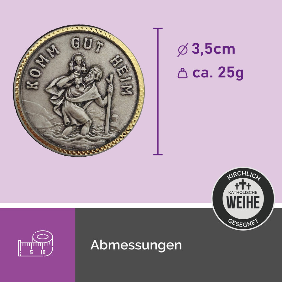 Médaille saint Christophe pour voiture Ø 3,5 cm, aspect métal, bordure dorée, « Komm gut heim », avec bande adhésive