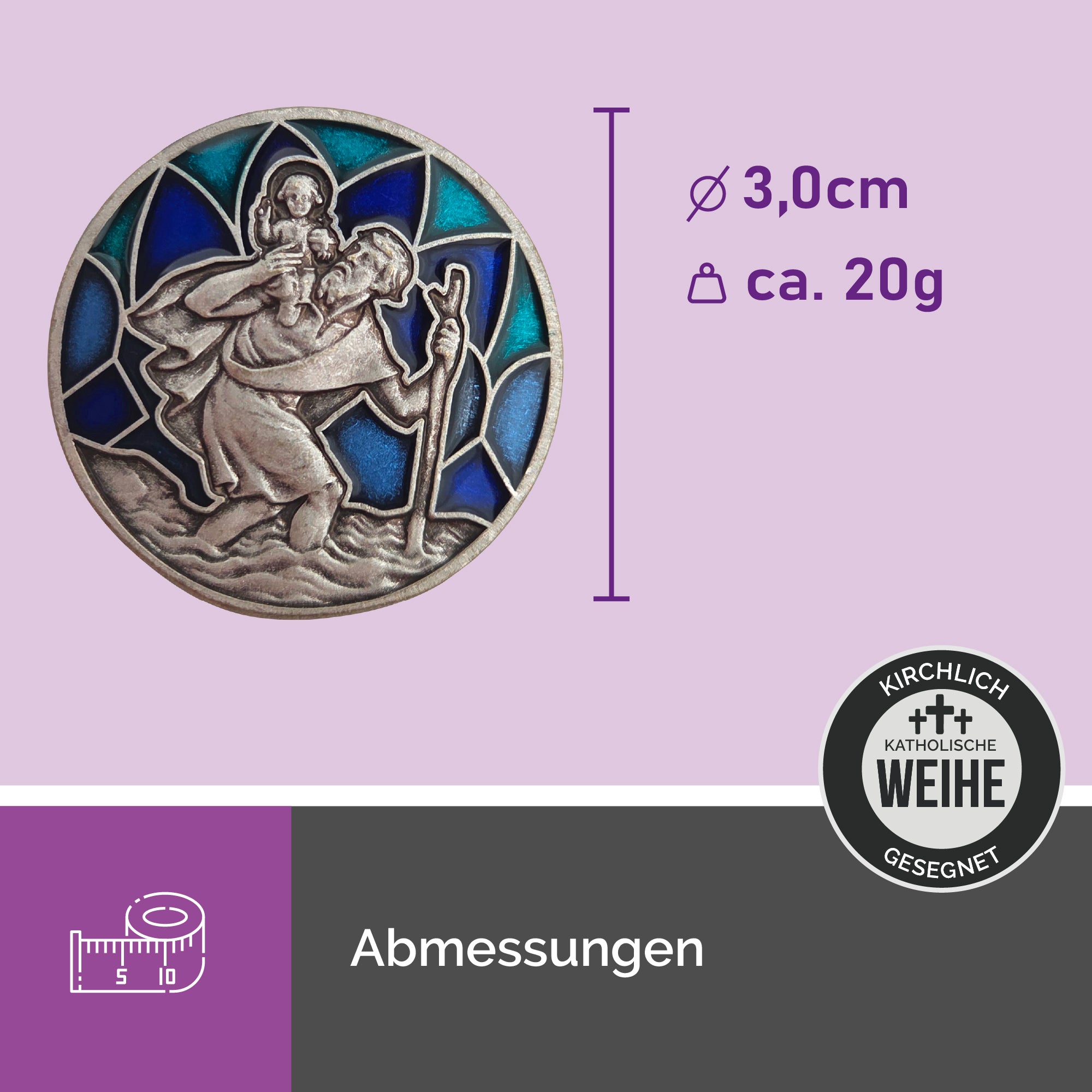 christophorus medaille Ø 3 cm mit jesuskind farbig emailliert detailansicht gesegnetes schutzsymbol fürs auto