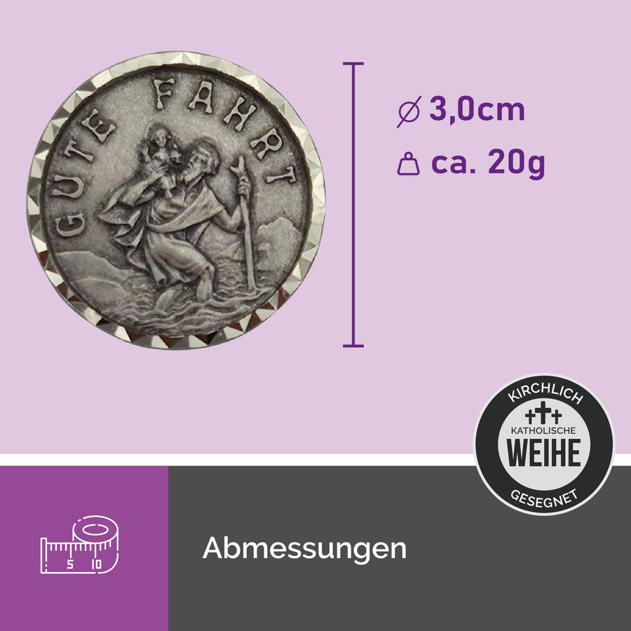 Médaille saint Christophe ronde Ø 3 cm à bordure argentée, aimantée, cadeau religieux pour la voiture