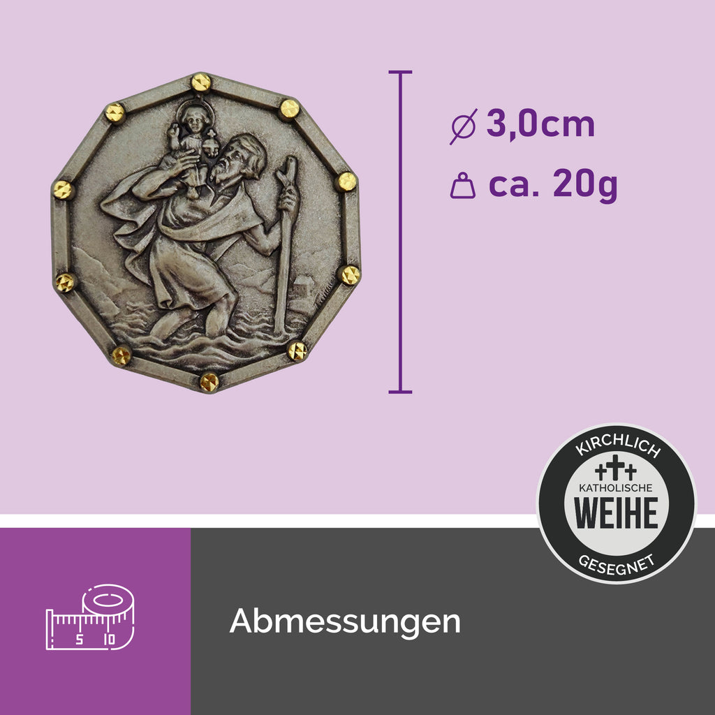 Christophorus Medaille Ø 3 cm achteckig mit goldfarbenen Ziernieten & mit Samtbeutel