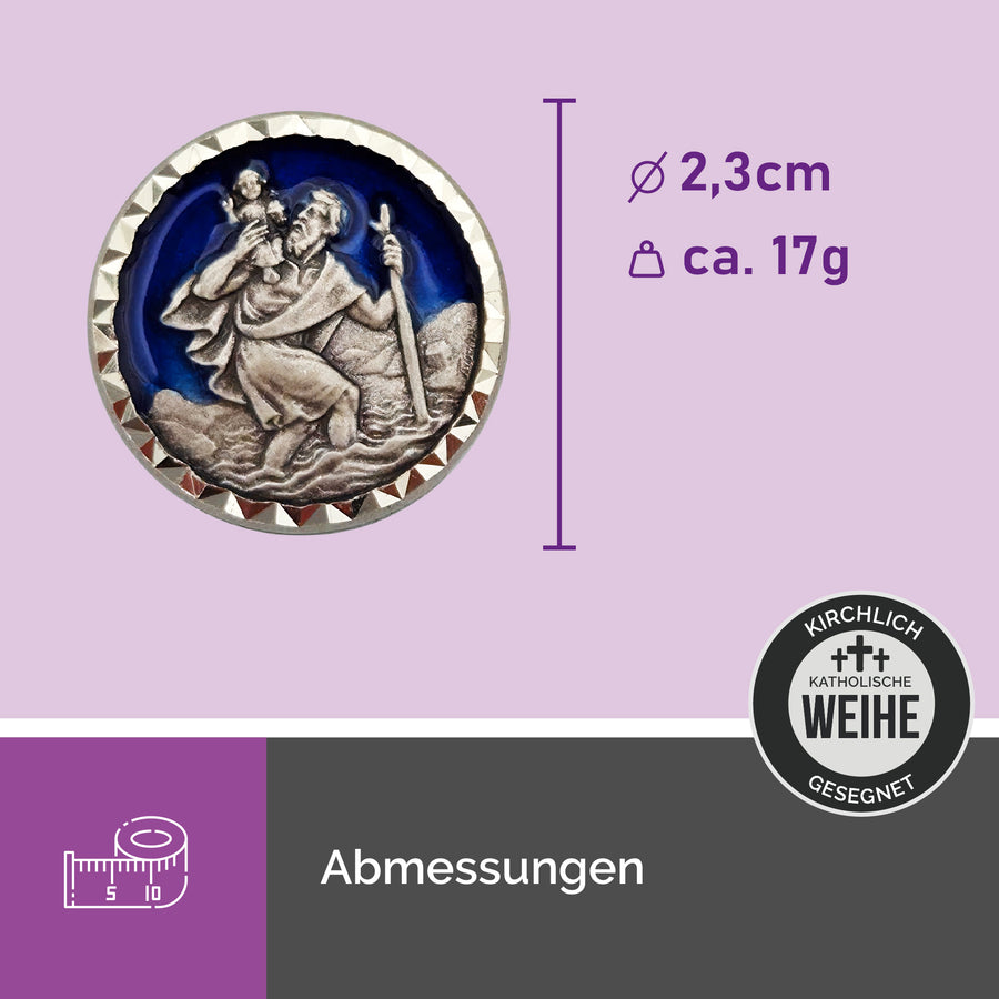 Médaille saint Christophe ronde Ø 2,3 cm sur fond d'émail bleu, cadeau pour automobilistes