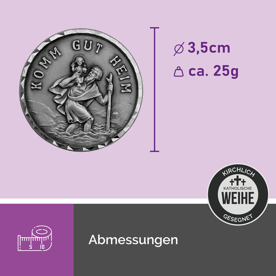 Médaille saint Christophe pour voiture Ø 3,5 cm, bénite, aspect argent, gravure « Komm gut heim », avec bande adhésive