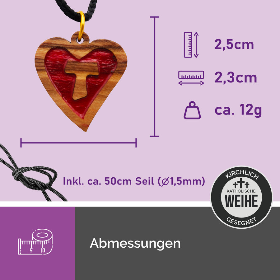 Collier chrétien cœur et croix Tau en bois d'olivier, cadeau de communion