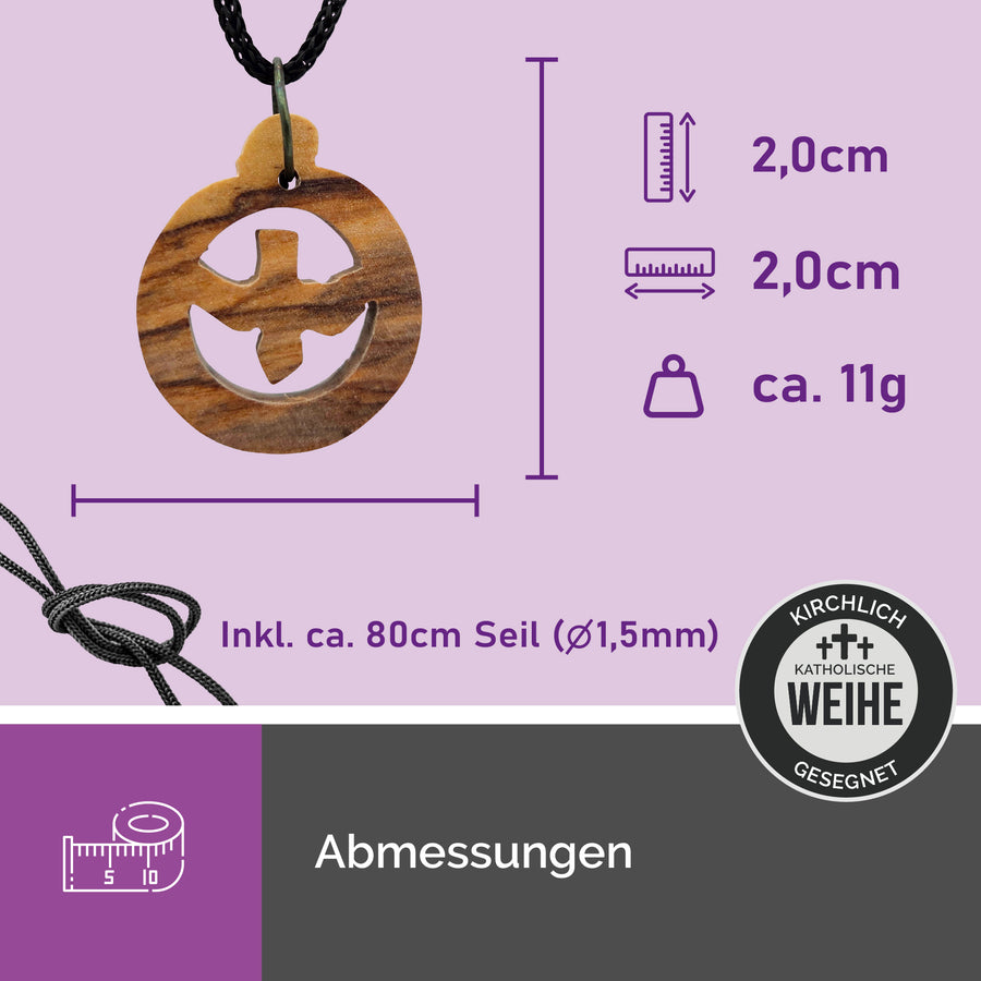 Collier chrétien colombe ronde en bois d'olivier, cadeau de baptême