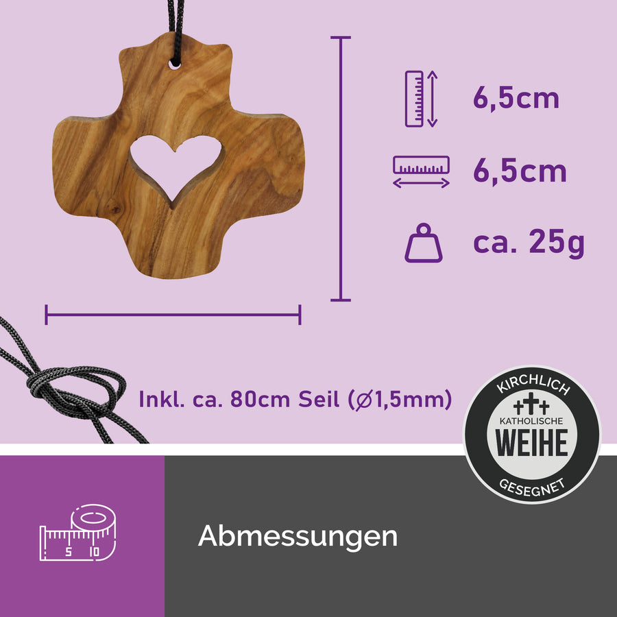Collier chrétien en bois avec croix et cœur ajouré, cadeau de communion