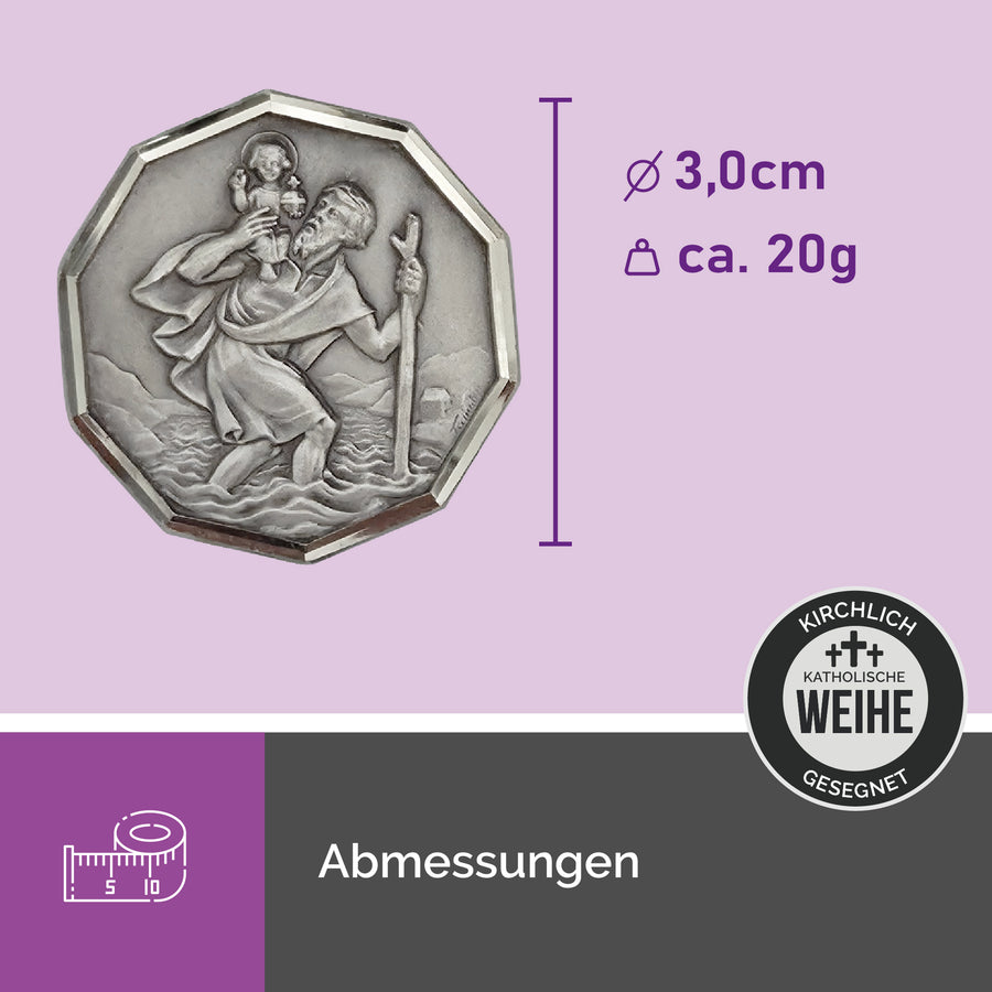 Vue détaillée de la médaille saint Christophe octogonale 3 cm à bordure argentée, cadeau religieux