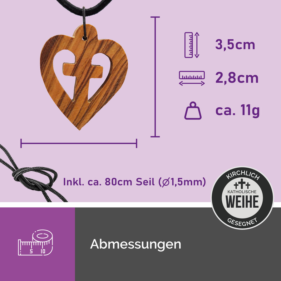 Collier chrétien cœur et croix en bois d'olivier, cadeau de communion
