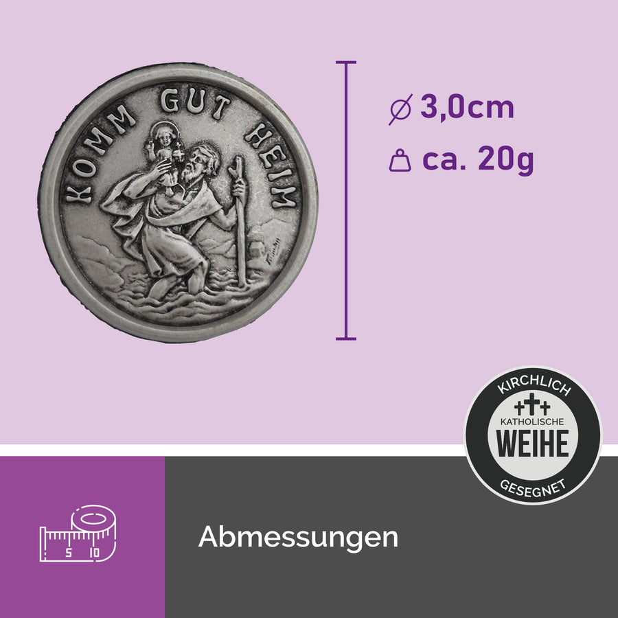 Médaille saint Christophe ronde Ø 3 cm avec l'inscription « Komm gut heim », aimantée, cadeau religieux