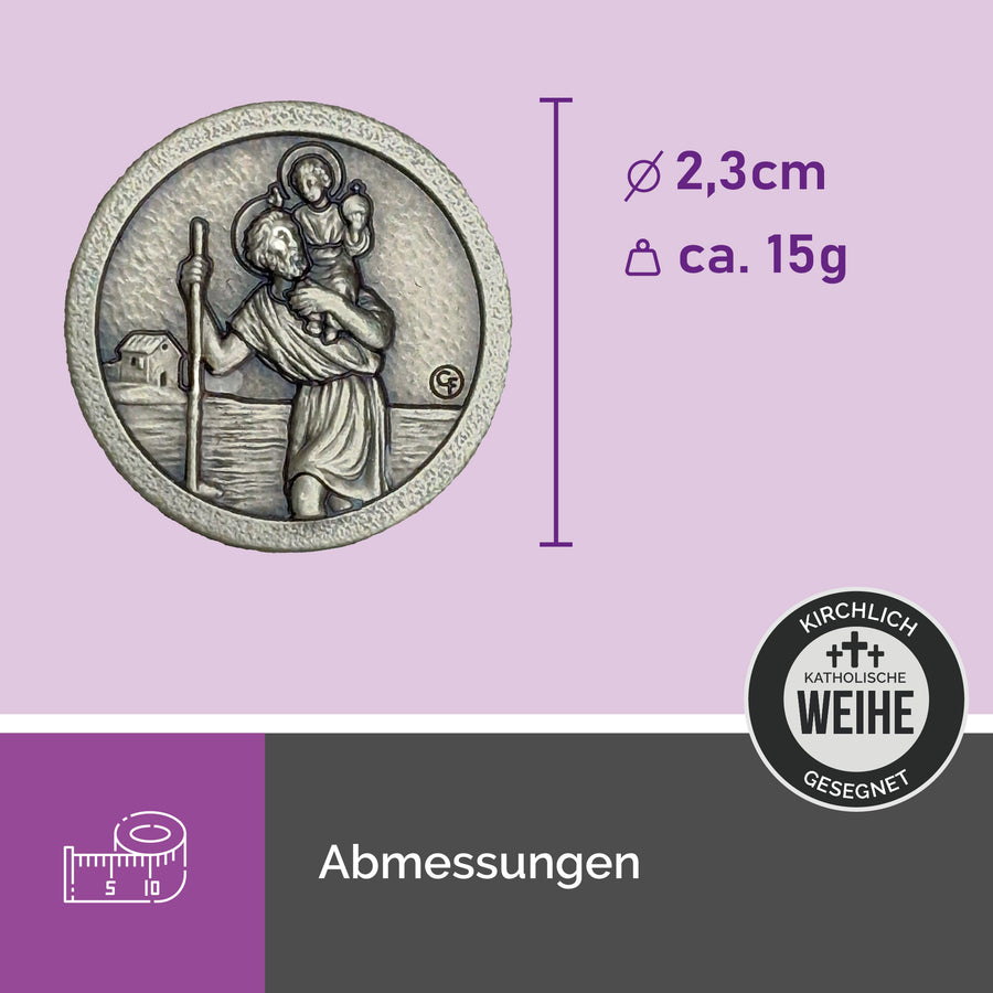 Petite médaille saint Christophe 2,3 cm, vue détaillée de l'Enfant Jésus, pour voiture, bénite, cadeau permis de conduire