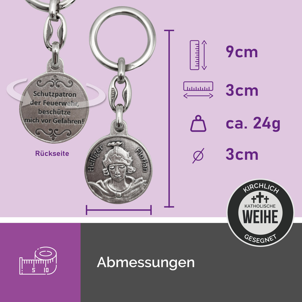 produktfoto schlüsselanhänger heiliger florian freisteller, robustes metall, ideales feuerwehr geschenk