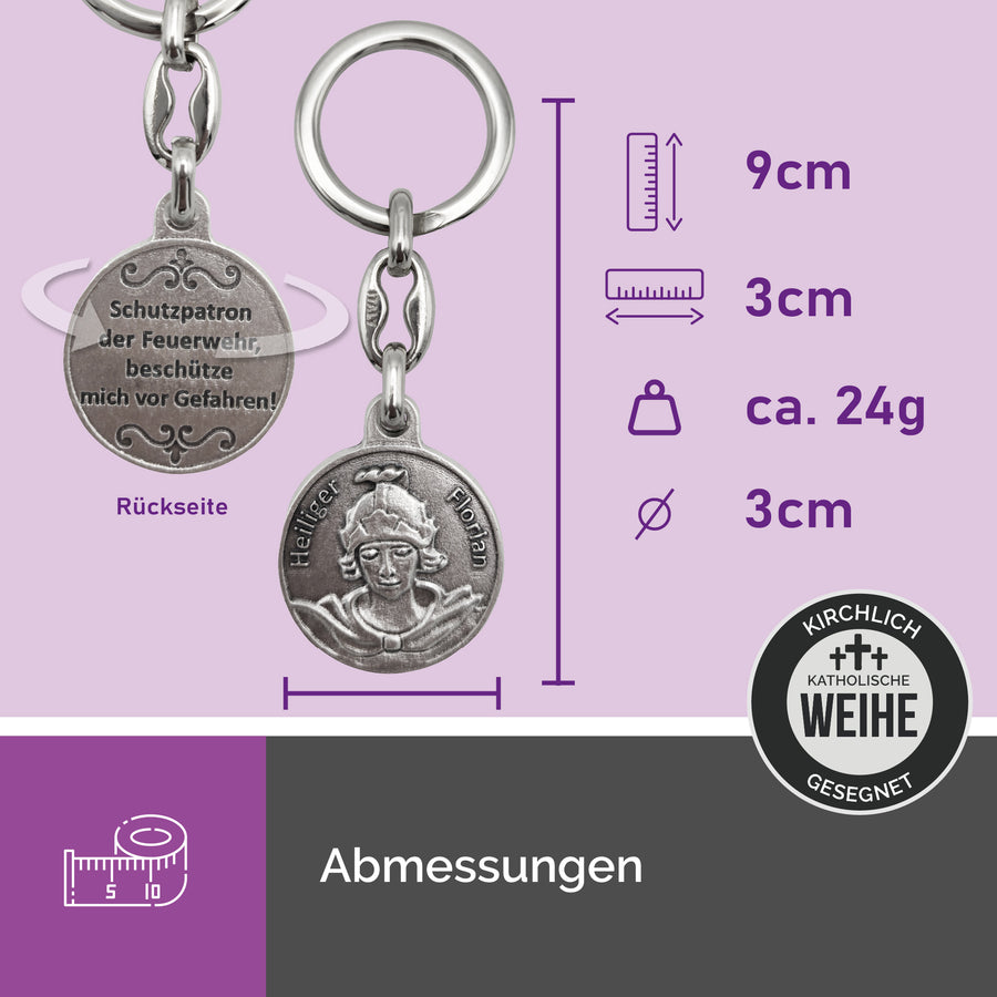 Photo produit du porte-clés saint Florian sur fond neutre, métal robuste, cadeau idéal pour pompiers