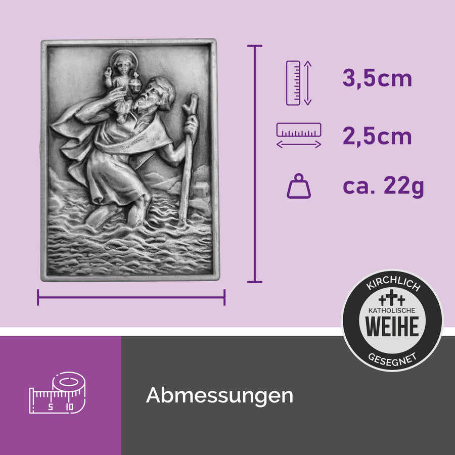 Médaille saint Christophe rectangulaire pour voiture 3,5 × 2,5 cm, argentée, bénite, avec bande adhésive
