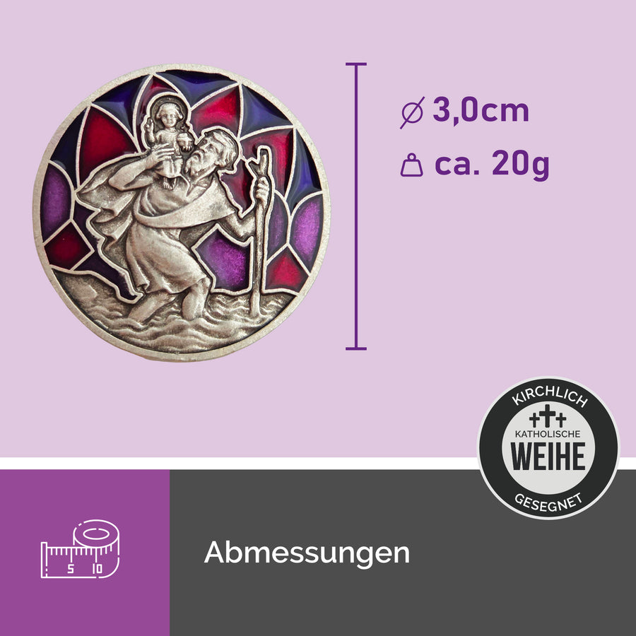 Médaille saint Christophe Ø 3 cm, vue détaillée, émail rouge et violet, Enfant Jésus, pour voiture, bénite