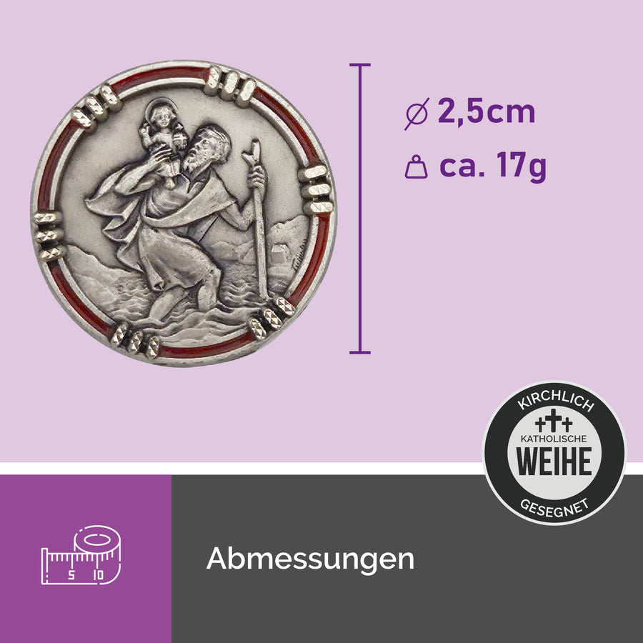 Médaille saint Christophe ronde à bordure rouge Ø 2,5 cm, aimantée, symbole de bénédiction pour la voiture