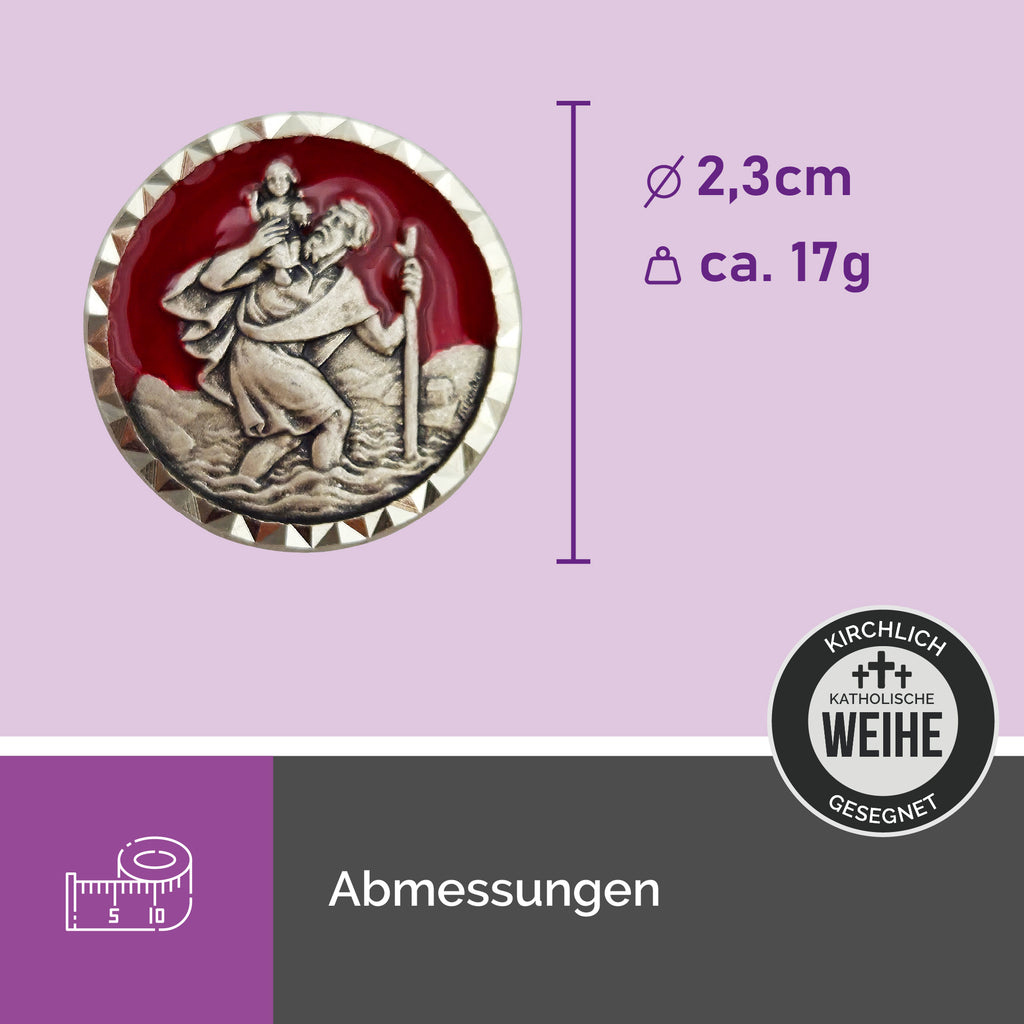 runde christophorus medaille ø 2,3 cm roter emaille hintergrund geschenk für autofahrer