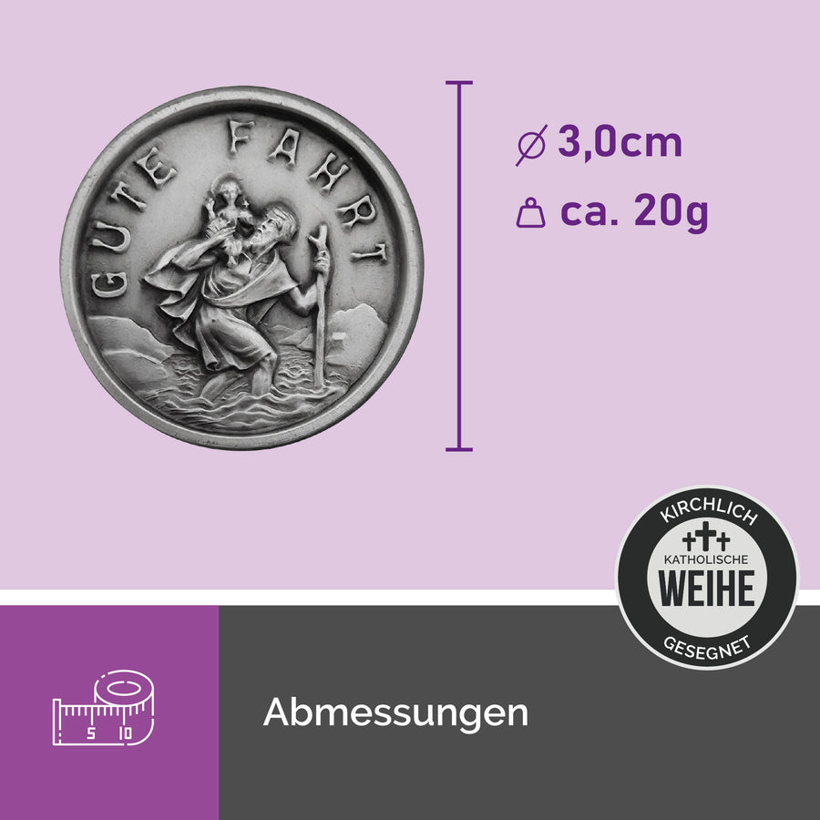 Médaille saint Christophe pour voiture Ø 3,0 cm, bénite, gravure « Gute Fahrt », avec bande adhésive