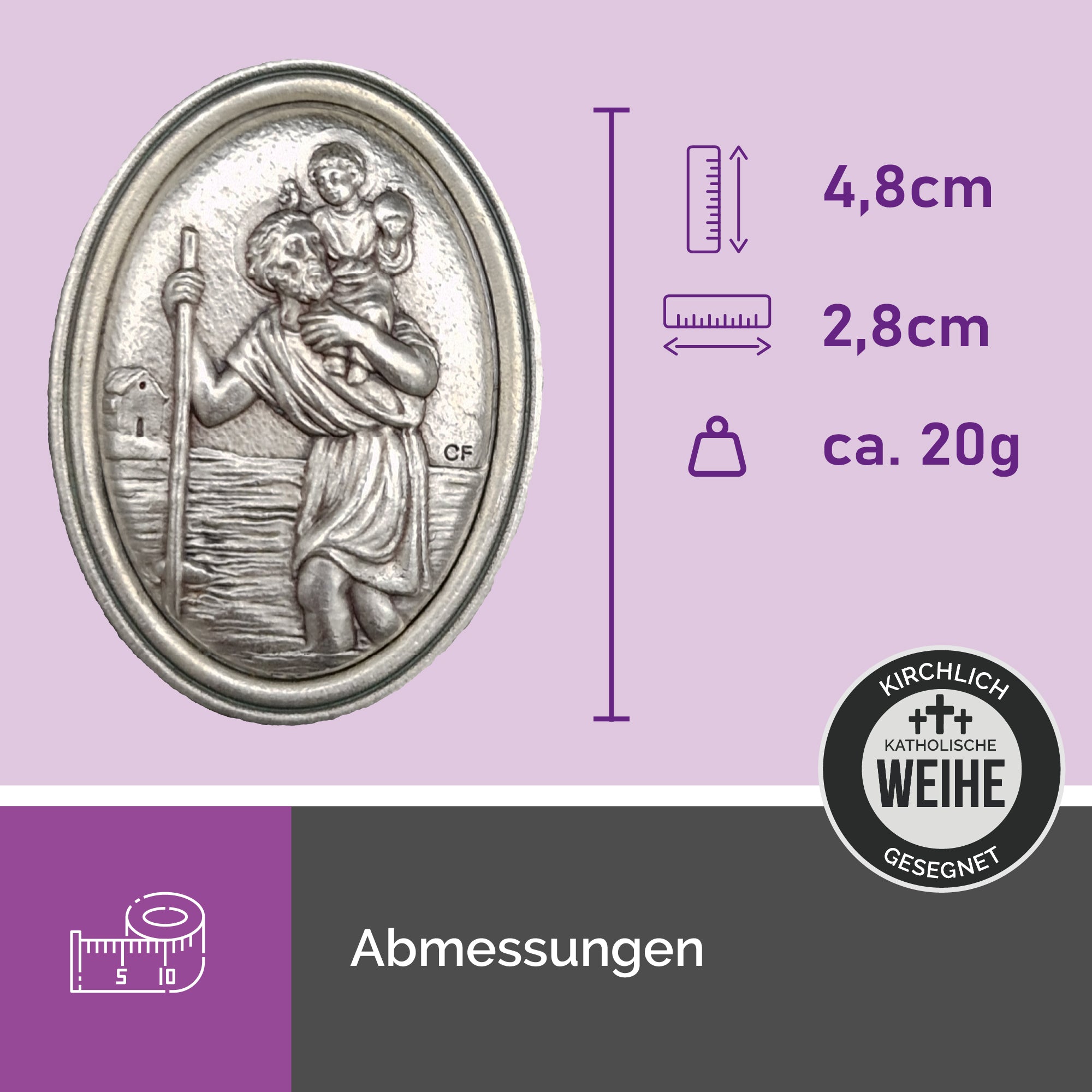 christophorus medaille oval 4,8x2,8 cm detailansicht jesuskind auto plakette gesegnet schutzpatron geschenkidee