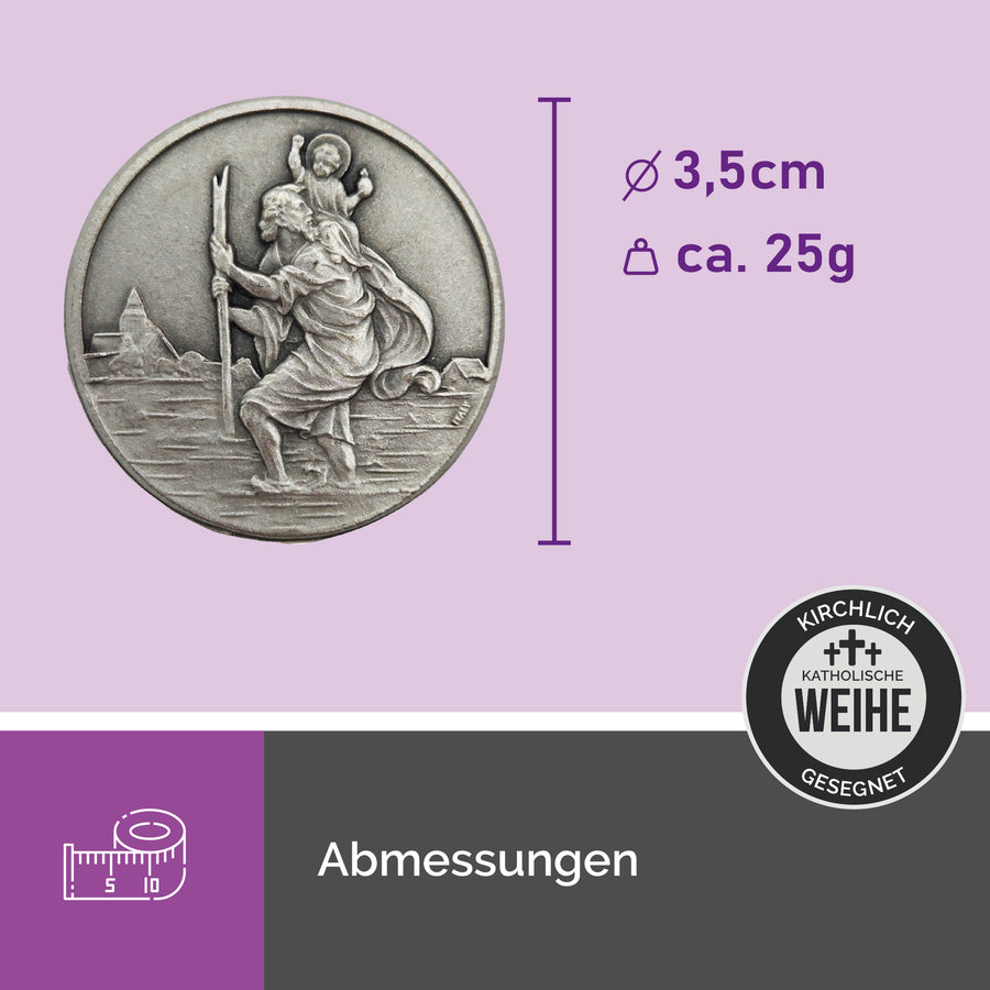 Médaille saint Christophe pour voiture argentée Ø 3,5 cm, bénite, avec bande adhésive