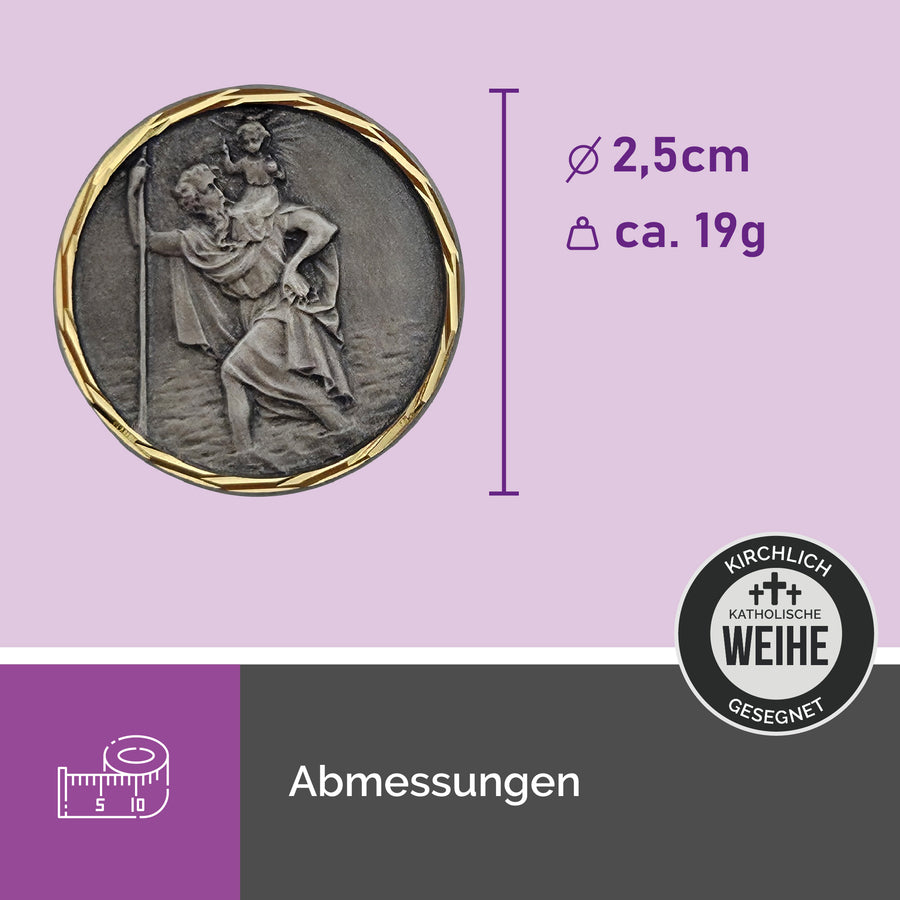 Médaille saint Christophe pour voiture Ø 2,5 cm, bénite, aimant et bande adhésive