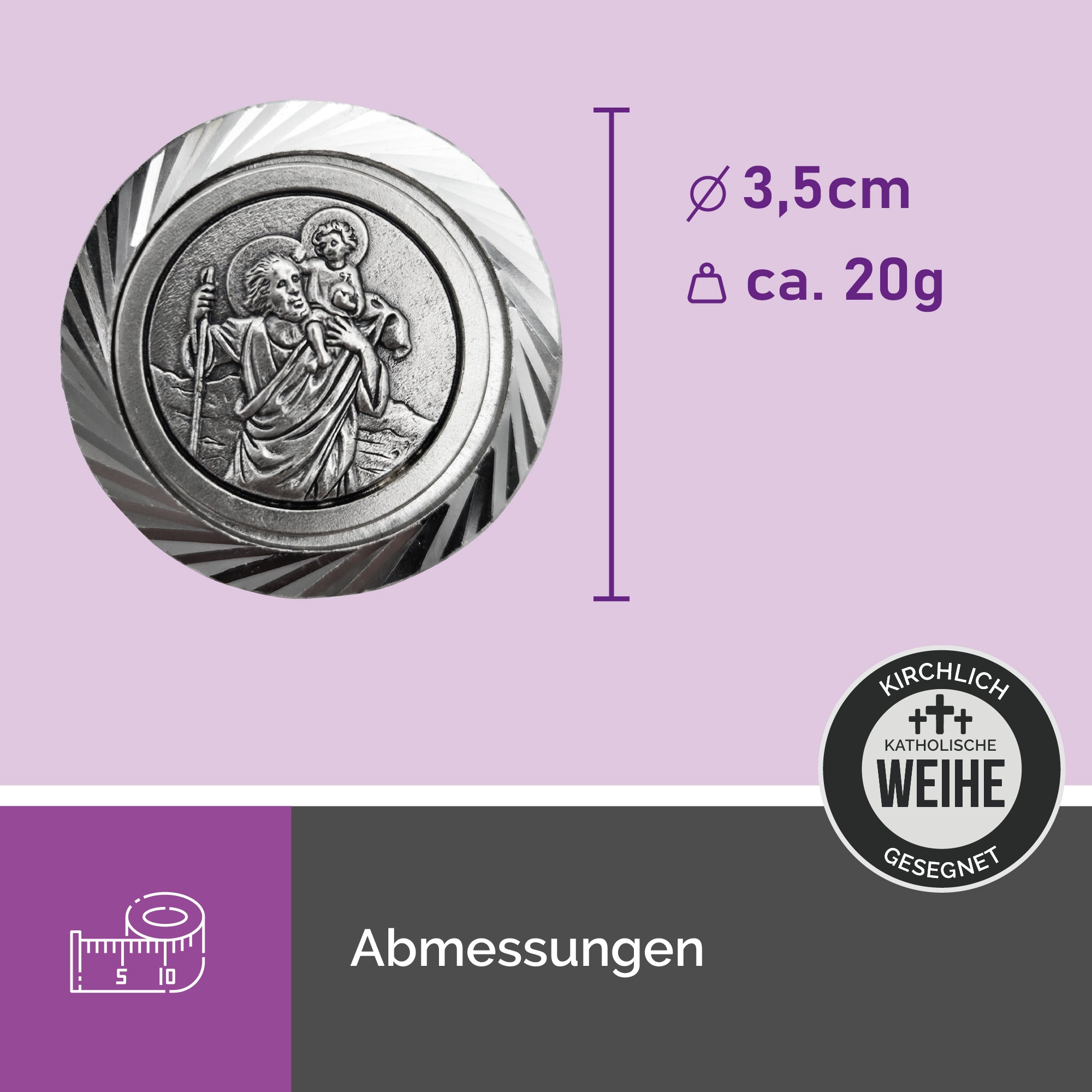 Christophorus Auto Plakette Ø 3,5 cm – Mit Zierrahmen, Magnet & Samtsäckchen