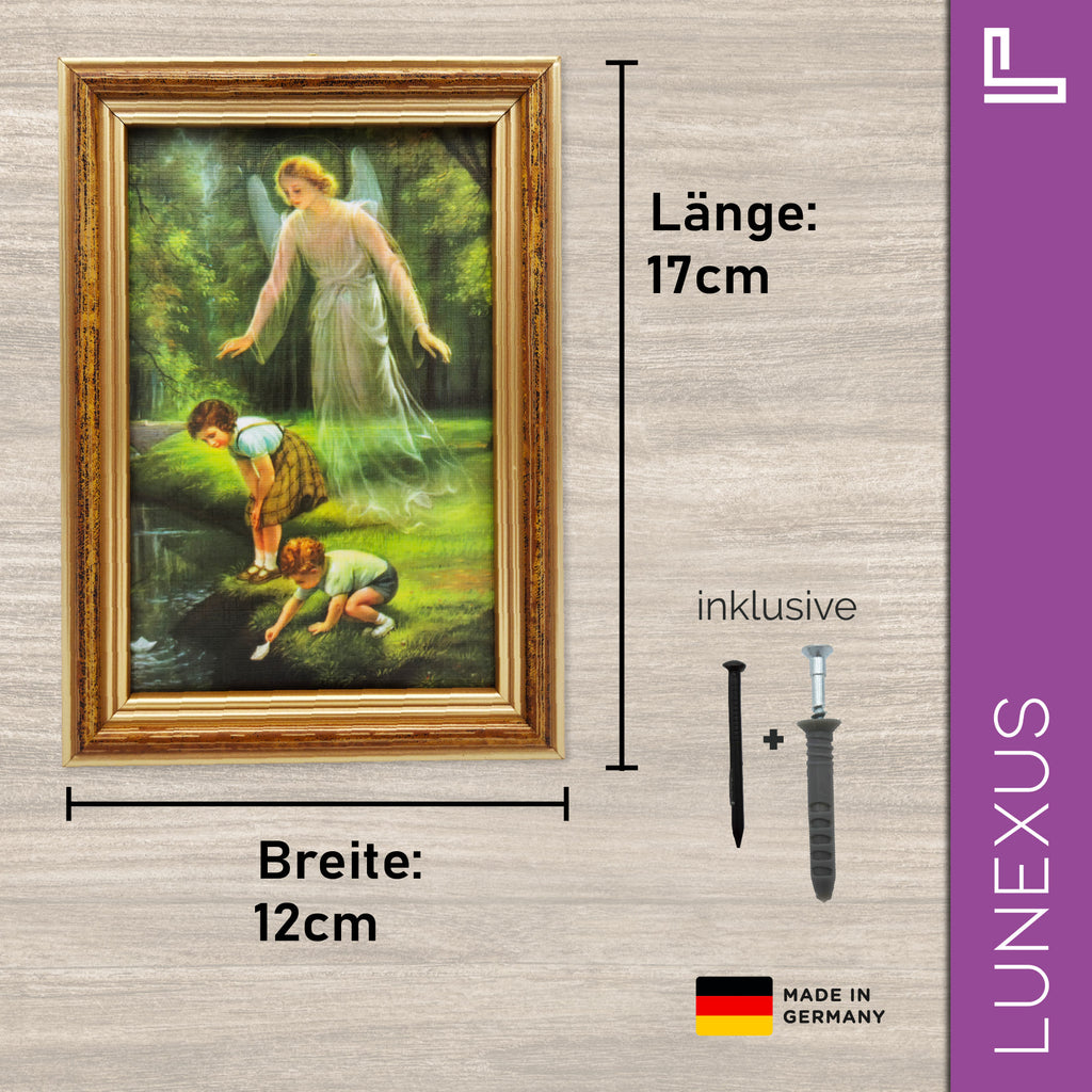 Schutzengelbild 12×17 cm – klassisches Motiv mit Kindern & Bach - LUNEXUS