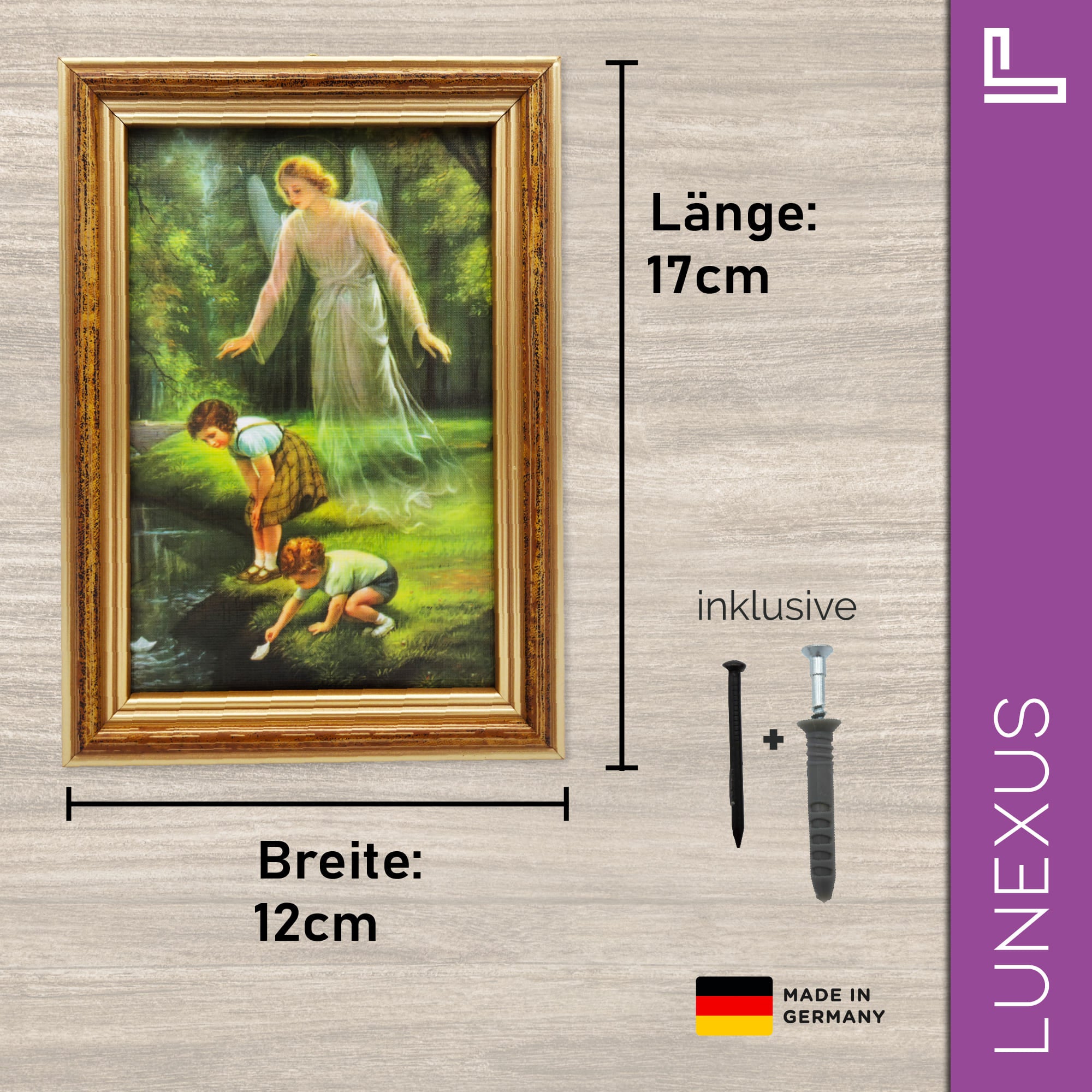 Schutzengelbild 12×17 cm – klassisches Motiv mit Kindern & Bach - LUNEXUS