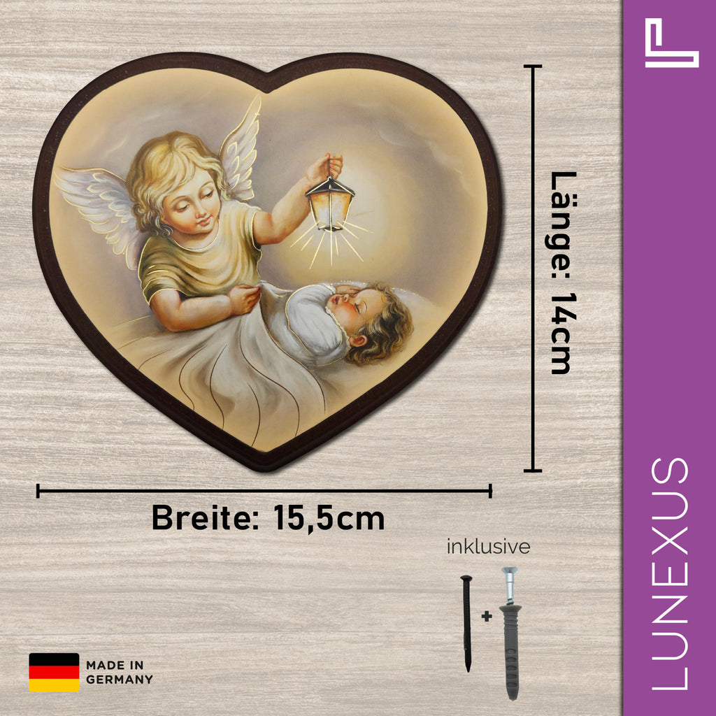 Schutzengelbild Herzform 14x15,5 cm – Engel mit Laterne über schlafendem Kind - LUNEXUS