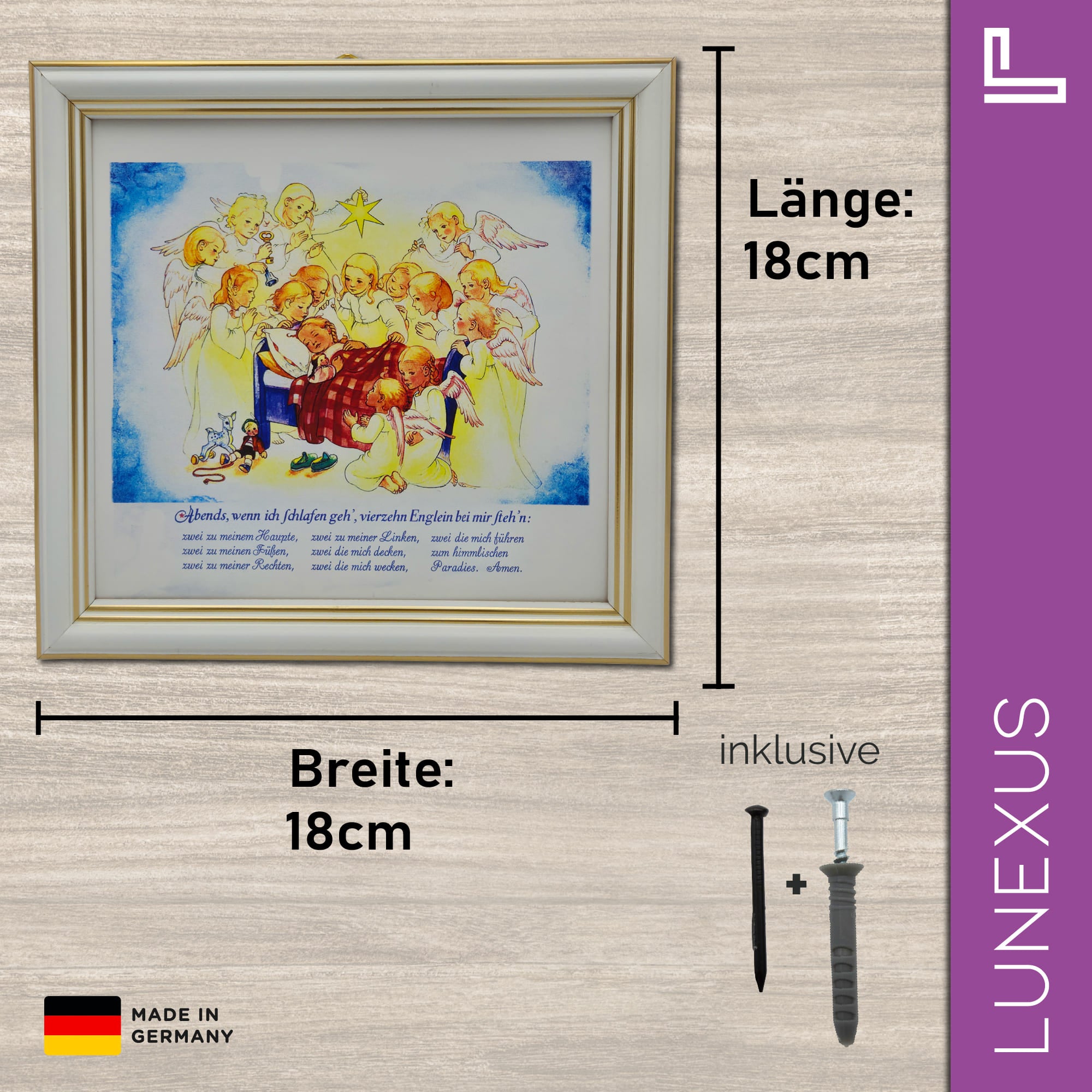 Schutzengelbild 18×18 cm – Motiv „Vierzehn Englein bei mir stehn“ - LUNEXUS