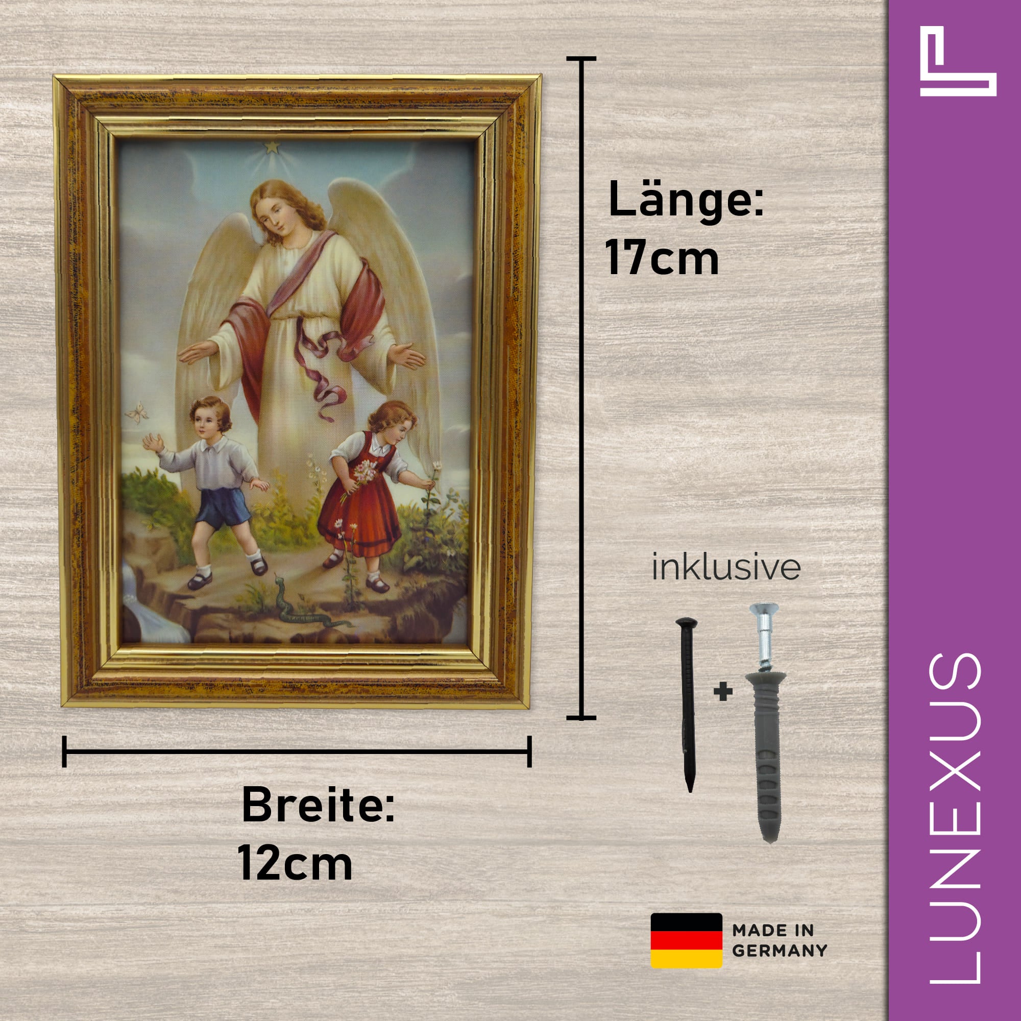 Schutzengelbild 12×17 cm – Motiv „Engel schützt Kinder vor Schlange“ - LUNEXUS