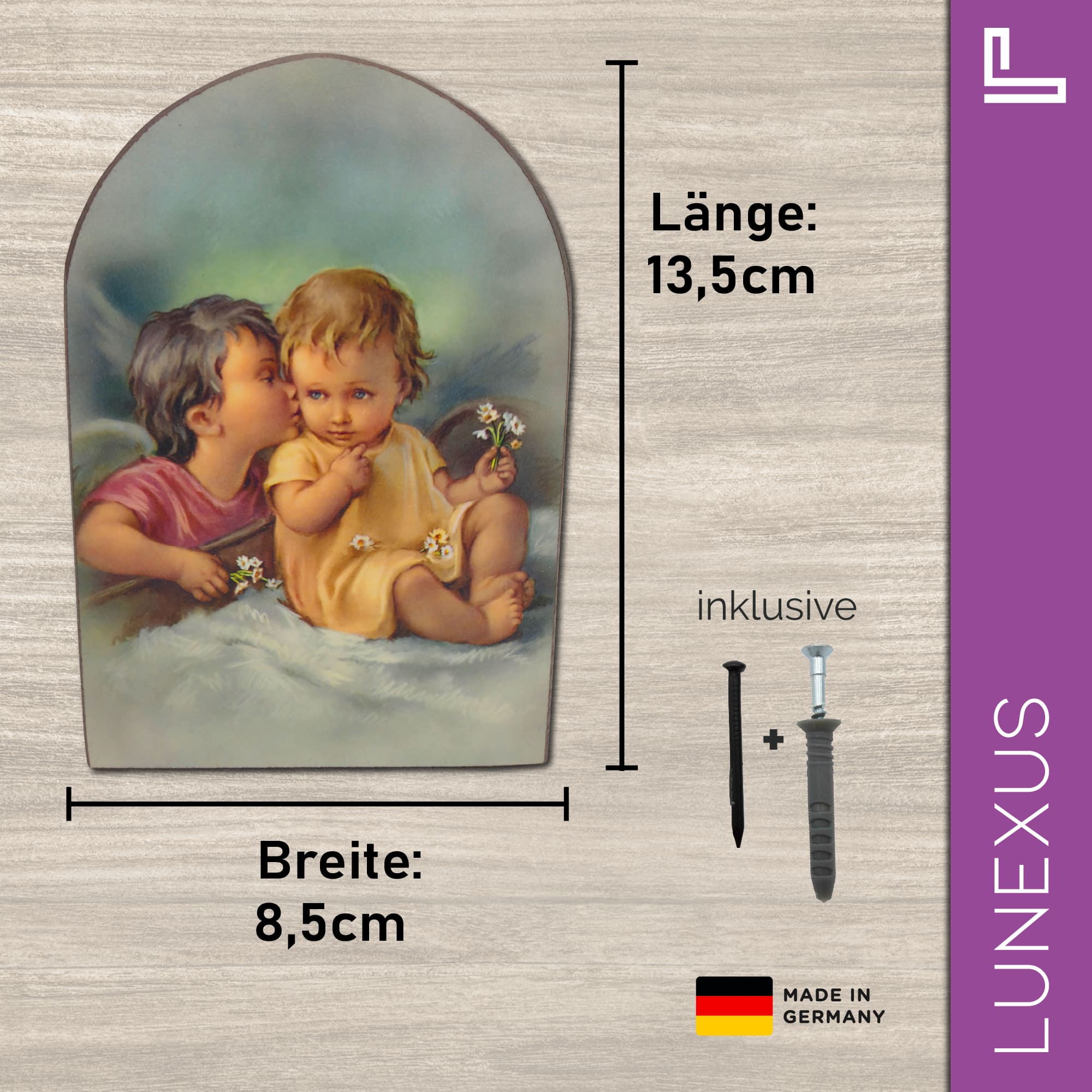 Schutzengelbild 13,5×8,5 cm – Engelkinder mit Gänseblümchen - LUNEXUS