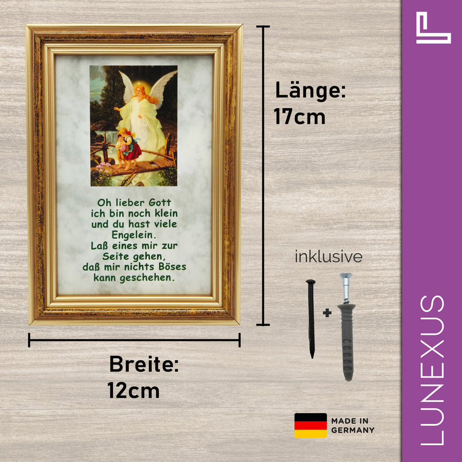 Image d'ange gardien 12×17 cm – motif « L'ange guide des enfants sur un pont » avec prière d'enfant - LUNEXUS