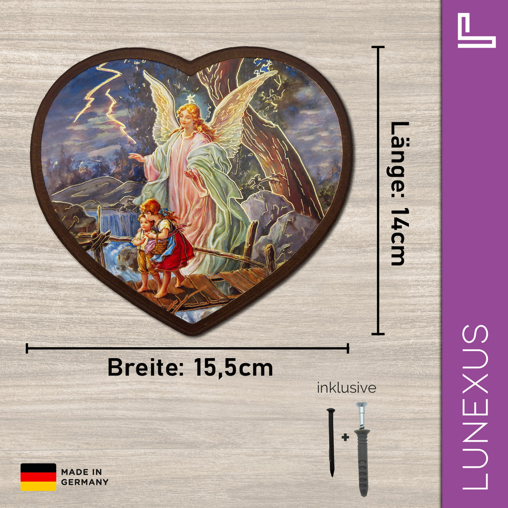 Schutzengelbild Herzform 14×15,5 cm – Engel führt Kinder über Brücke - LUNEXUS
