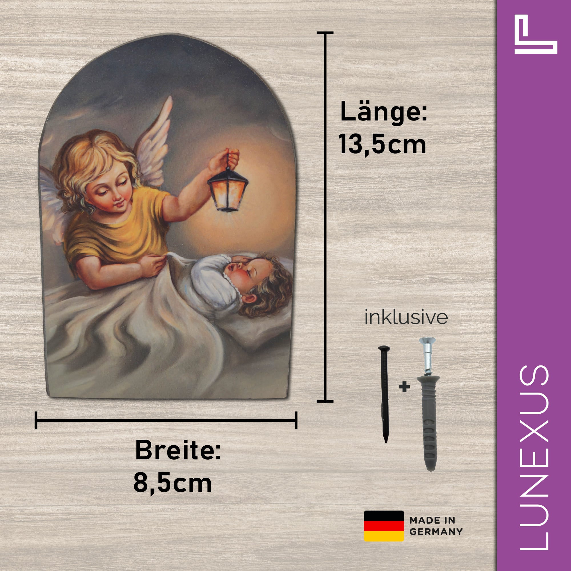 Schutzengelbild 13,5×8,5 cm – Engel mit Laterne über Kind - LUNEXUS