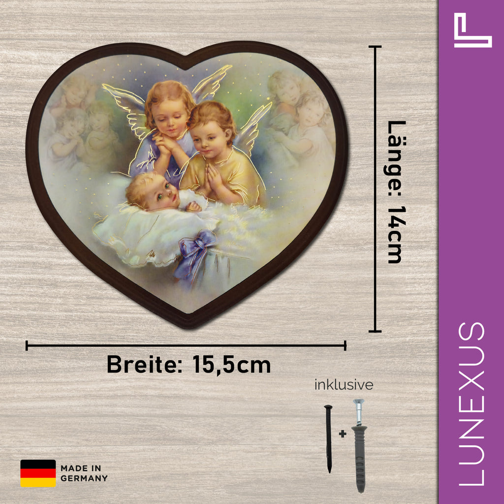 Schutzengelbild Herzform 14×15,5 cm – Zwei Engel über schlafendem Baby - LUNEXUS