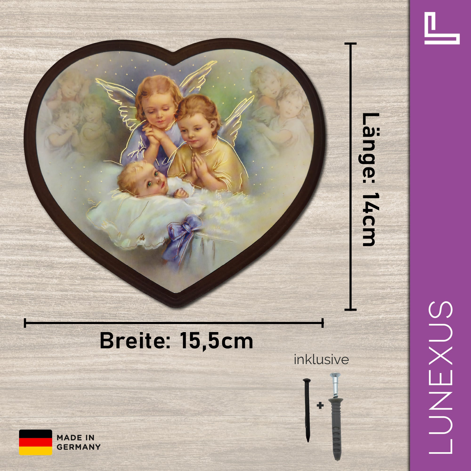 Schutzengelbild Herzform 14×15,5 cm – Zwei Engel über schlafendem Baby - LUNEXUS
