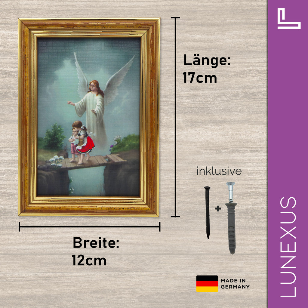 Schutzengelbild 12×17 cm – Motiv „Engel behütet zwei Mädchen auf Brücke“ - LUNEXUS