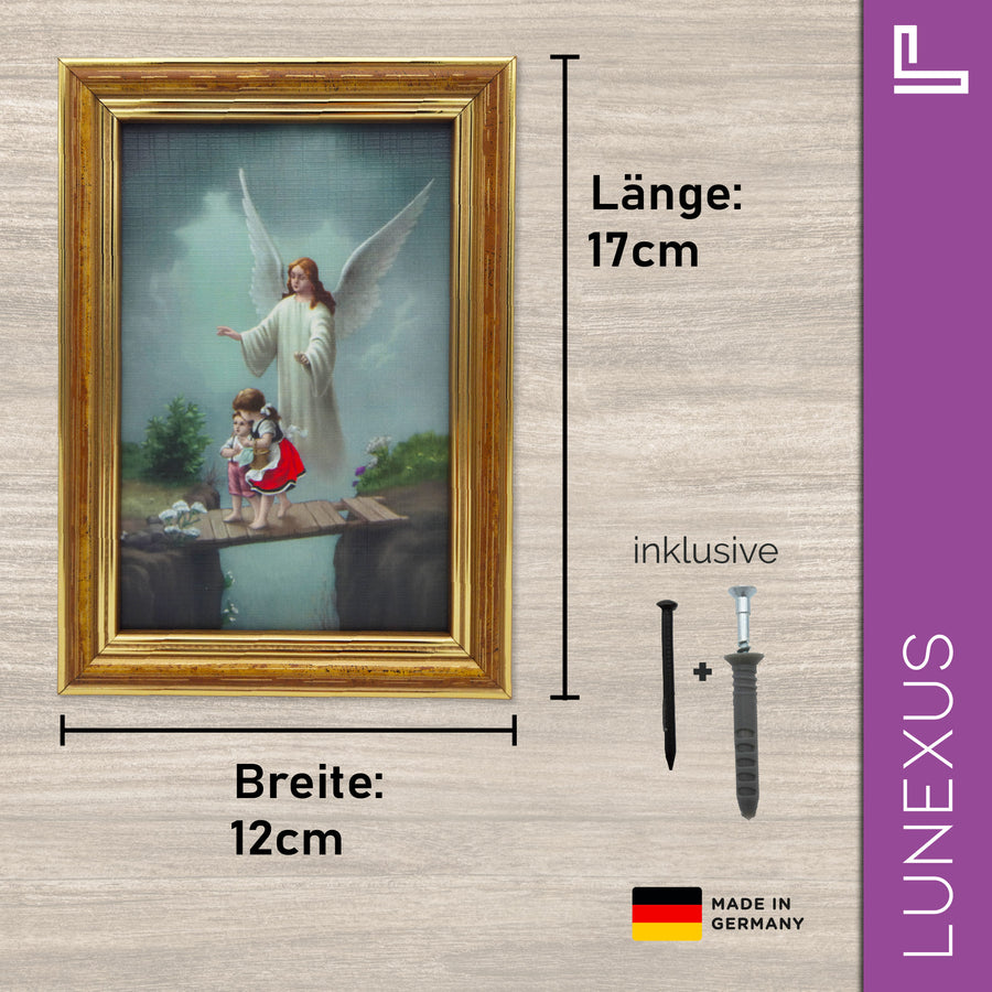 Image d'ange gardien 12×17 cm – motif « L'ange veille sur deux fillettes sur un pont » - LUNEXUS