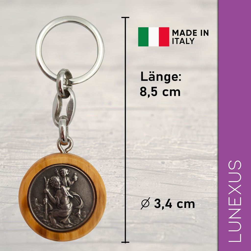 Christopherus Schlüsselanhänger 8,5 cm – Olivenholz & Metal - LUNEXUS