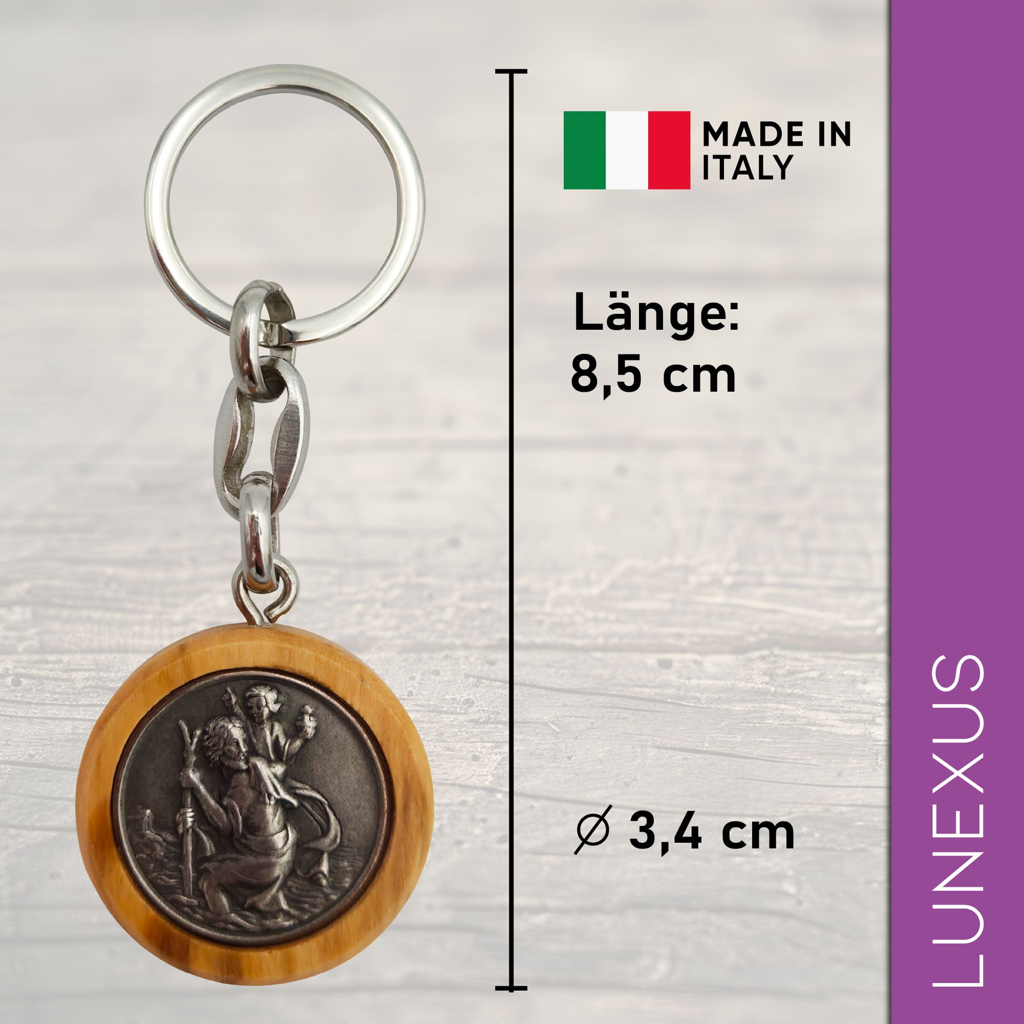 Christopherus Schlüsselanhänger 8,5 cm – Olivenholz & Metal - LUNEXUS
